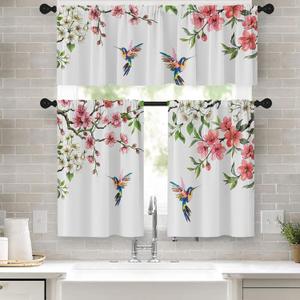 Flower Bird Kitchen Window Curtains Valance and Tier Set 36 Inch, Spring Hummingbird Watercolor Pink Botanical Rod Pocket Short Tier Curtain, Floral Small Cafe Drapes for Kitchen Decor