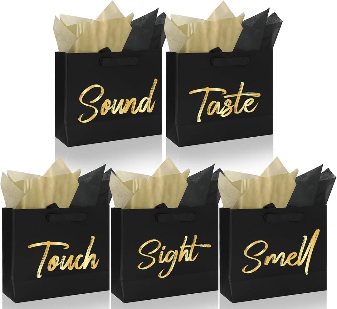 FYSUIMU 5 Senses Gift Bags for Him Her Five Senses Black Gift Bag with Ribbon Handles and 10 Pcs Tissue Paper Present Wrappings for Wedding Anniversary Valentine's Day Birthday