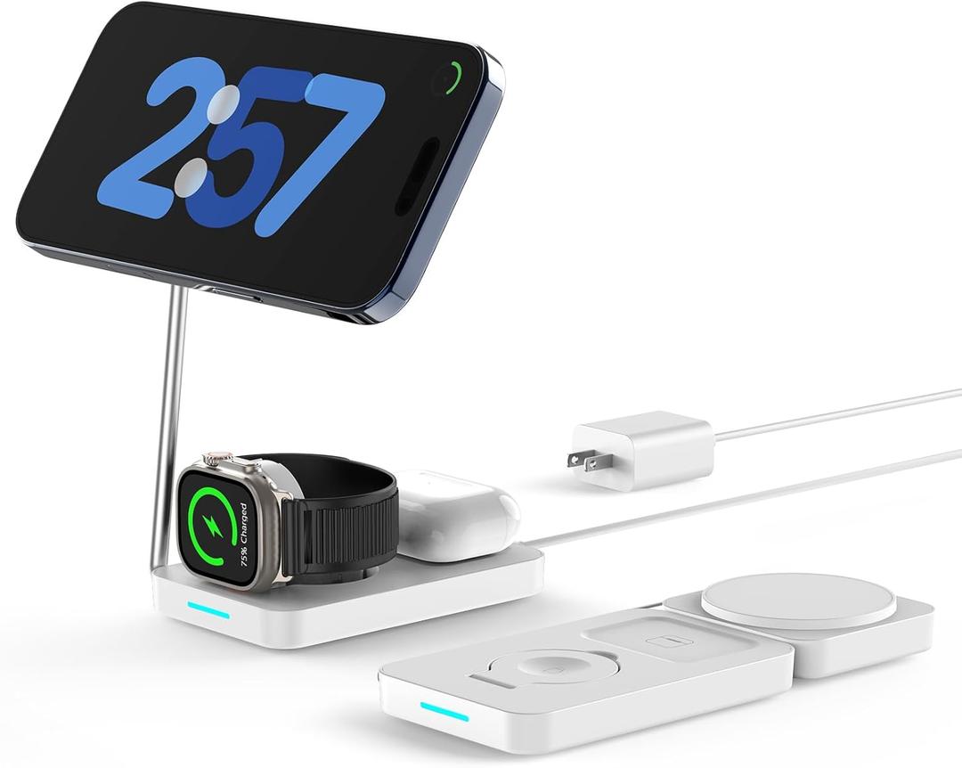 3 in 1 Wireless Charging Station, PD20W Foldable Magnetic Wireless Charger for Apple Devices iPhone 12-16 Series Apple Watch AirPods Pro (White)