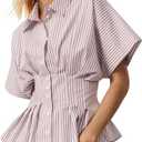 Women's Striped Shirts Button Down Short Sleeve Pleated Peplum Blouses Dressy Casual Lapel Tops Summer Business Shirt (Large, Purple)