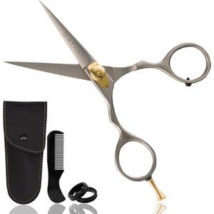 Ontaki Japanese Steel Beard & Hair Shears - Silver, 5.5 in - Precision Sharp Blades for Professional Hair Scissors - Rounded Tips for Mustache Scissors for Men - Finger Rest for Shears for Beard