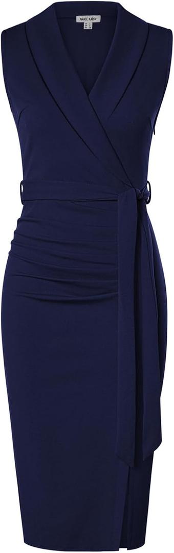 GRACE KARIN Women's Wear to Work Sleeveless Ruched Bodycon Office Pencil Midi Dresses with Belt (14, Navy Blue)