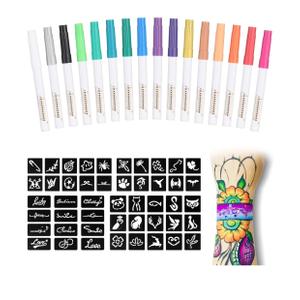 Temporary Tattoo Metallic Markers for Skin,16-Count Body Markers+77 Large Tattoo Stencils of Assorted Colors for kids and Adults, Flexible Brush Tip, Bright colors, Skin-Safe. Cosmetic-Grade