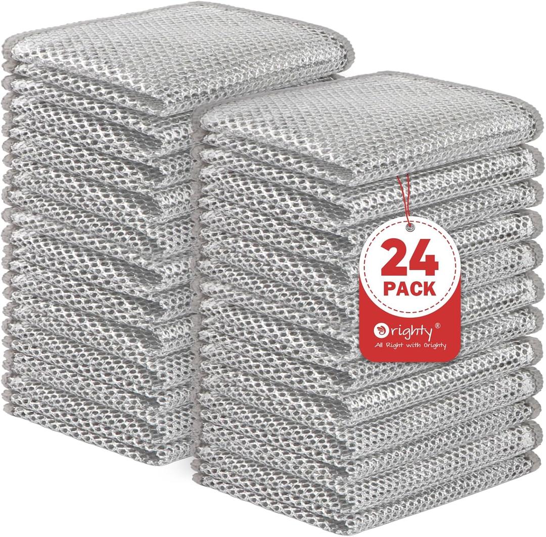 Orighty 24 Pcs Multipurpose Wire Dishwashing Rag, Non-Scratch Wire Dish Cleaning Cloths for Wet and Dry, Reusable Steel Scrubber for Kitchen, Powerful Dishcloth Rag for Cookware, Dish, Stove-7"x8" (Silver)