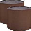 Lamp Shades Set of 2, Drum Lampshade for Table Lamps Floor Lamp, 13" Top X 13" Bottom X 10" High Brown Large-Medium Line Fabric Lamp Shades, Easy Assembly Replacement Lampshades