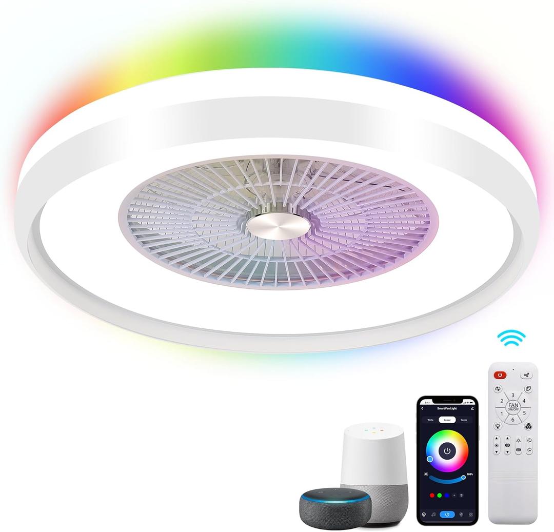 24" Low Profile Ceiling Fan with Light, Smart Bladeless Ceiling Fan with RGB Light, Smart Remote/APP/Voice Control, Enclosed Flush Mount Ceiling Fan for Bedroom (White & RGB)
