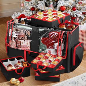 2-in-1 Christmas Ornament Storage Box, Christmas Storage Containers Organizer Bag with Dividers - Fits Xmas Holiday Ornaments Figurines and Pockets for Decoration (Black)