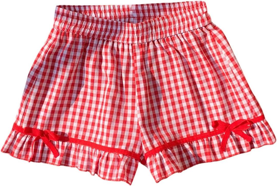 SOLY HUX Women's Plaid Print Shorts Elastic Waist Bowknot Ruffle Bottoms Cute Sweet Short Pants (Red, S)