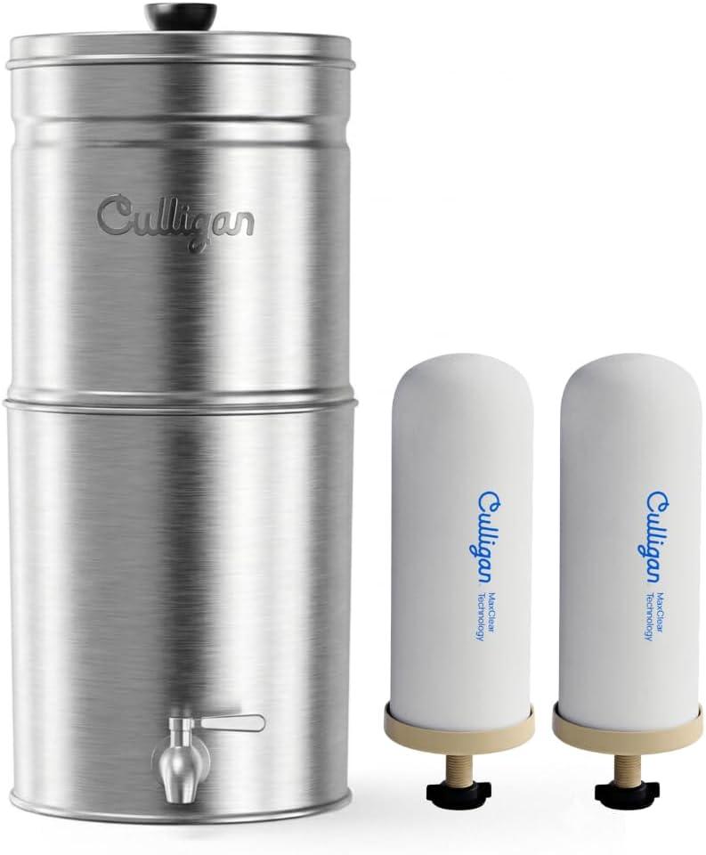 Culligan MaxClear 2.25 Gallon Gravity Water Filter System, Brushed Stainless-Steel Countertop Water Filter NSF/ANSI Certified to Reduce Microplastics, Lead & Total PFAS, with 2 Ceramic Filters
