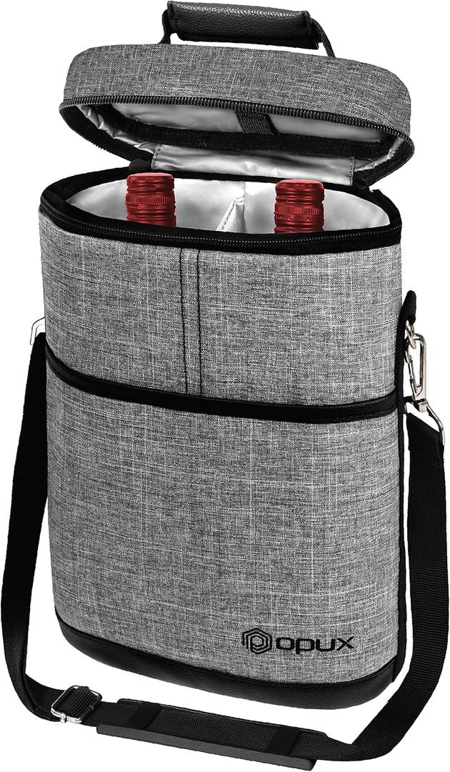 opux 2 Bottle Wine Carrier Tote, Insulated Leakproof Wine Cooler Bag, Wine Travel Bag for Picnic BYOB Beach, Portable Wine Bottle Carrying Case, Gift for Wine Lover Women Men Christmas, Heather Grey (Heather Gray)