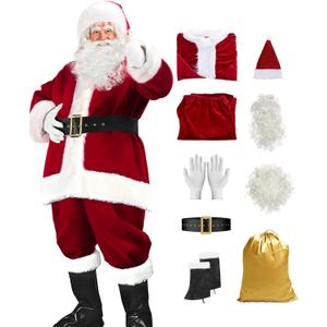 Santa Claus Costume for Men Women Adult - 9Pc. Deluxe Costume Santa Suit Outfit (Large)