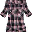 Alimens & Gentle Womens Flannel Shirt Long Sleeve Plaid Shacket Soft Casual Collared Loose Button Down Roll Up Blouses Tops (Medium, Pink Grey)