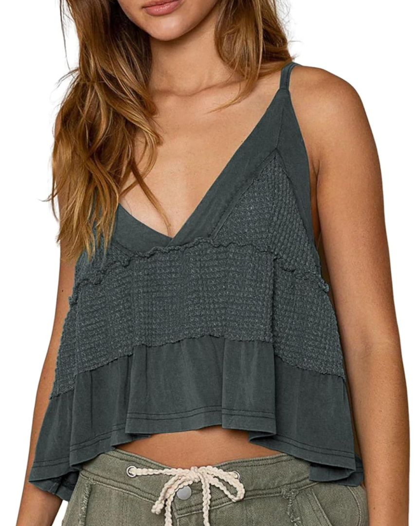 VNIRA Womens Sleeveless Peplum Spaghetti Strap Babydoll V Neck Ruffle Loose Fit Waffle Knit Crop Boho Tank Tops, Size M