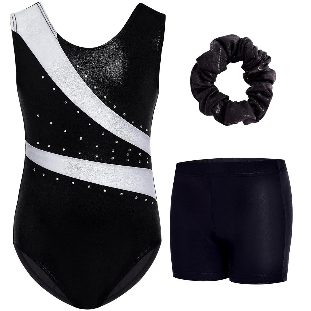 Gogokids Gymnastics Leotards for Girls Sparkly Rhinestone Dance Unitard with Shorts & Hair Scrunchie Activewear (Black,120)