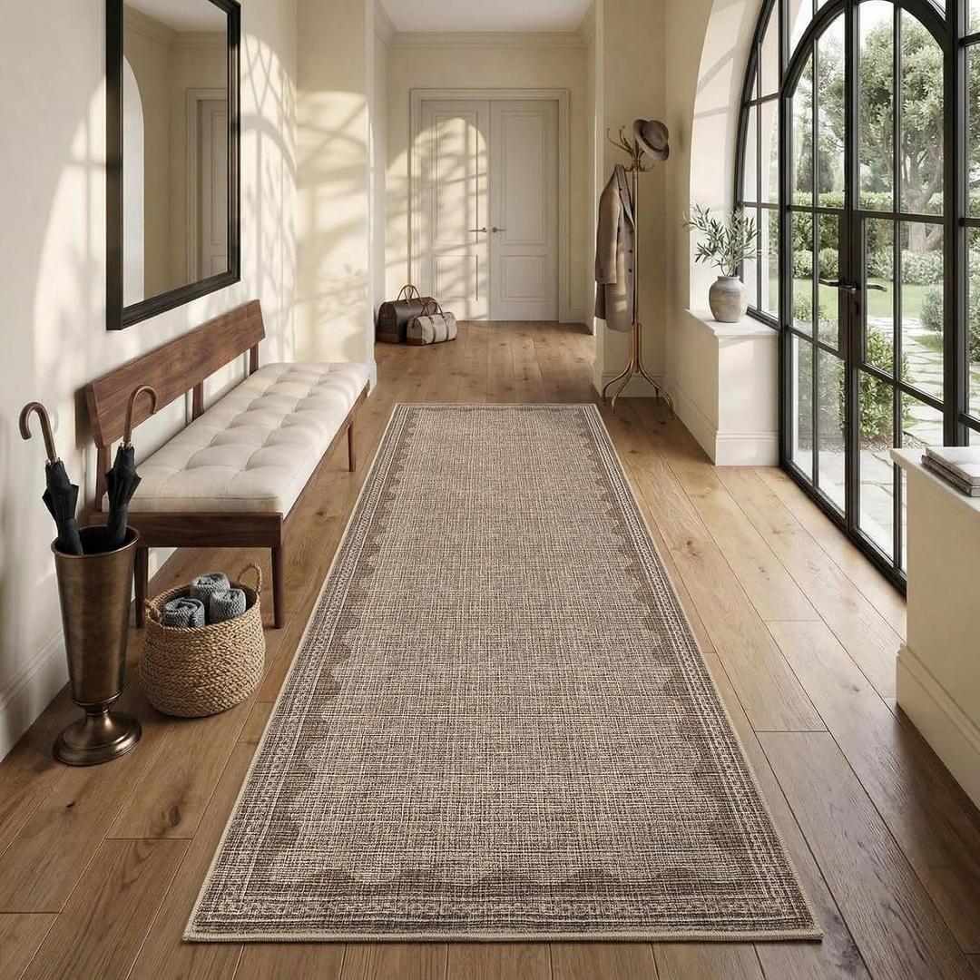 GarveeHome 2x10 Runner Rug for Hallway Washable Kitchen Rugs Non Slip Solid Coffee Modern Minimalism Soft Low-Pile Scalloped Indoor Carpet for Entryway Laundry Room Floor Mats