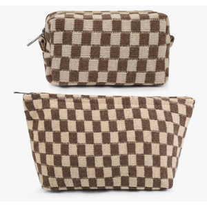 2 Pieces Makeup Bag Large Checkered Cosmetic Bag Capacity Canvas Mix Travel Toiletry Bag Organizer Cute Makeup Brushes Aesthetic Accessories Storage Bag for Women, Checkered Mix Brown