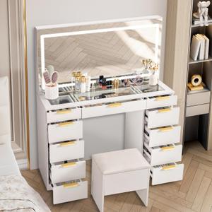 Pamapic Glass Top Vanity Desk with Mirror and Lights, 11 Drawers Makeup Vanity with Golden Handles, 3 Lighting Modes Upgraded Silent Slides Vanity Desk with Bench, Portable Mirror and Power Putlet (46*16*56)