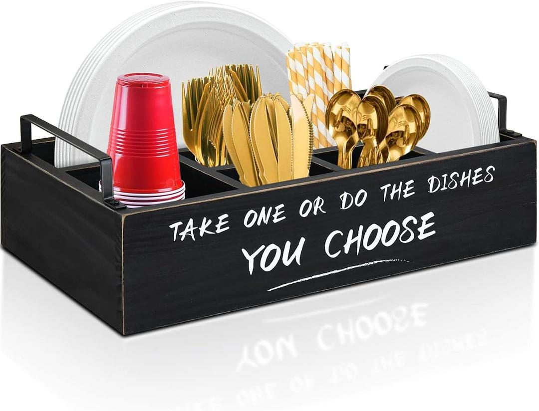 Ameuphercy Wood Paper Plate Dispenser, Paper Plate Holder with Large Cup Holder for Kitchen Counter, Rustic Silverware Utensil Caddy with Large Cup Holder, Utensil Holder for Kitchen Accessories (Black)