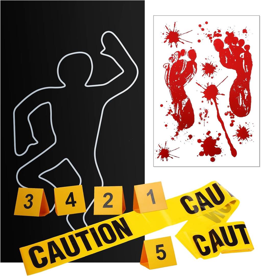 8 Pieces Crime Scene Decorations Including Body Silhouette Caution Barricade Tape Evidence Markers and Bloody Footprint Sticker Evidence Party Decorations for Halloween Home Wall