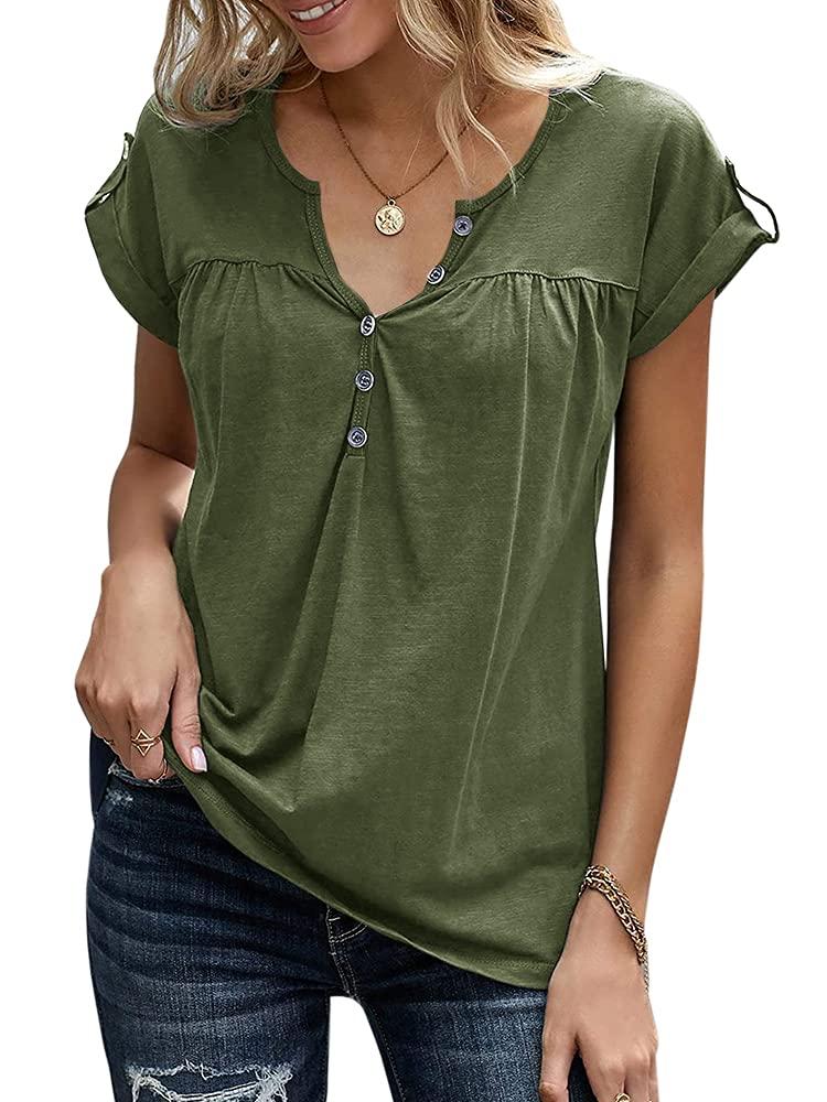 Womens V Neck T Shirts Rolled Short Sleeve Henley Tops Button Up Solid Loose fit Summer Casual Tees Shirts Army Green (Green, M)