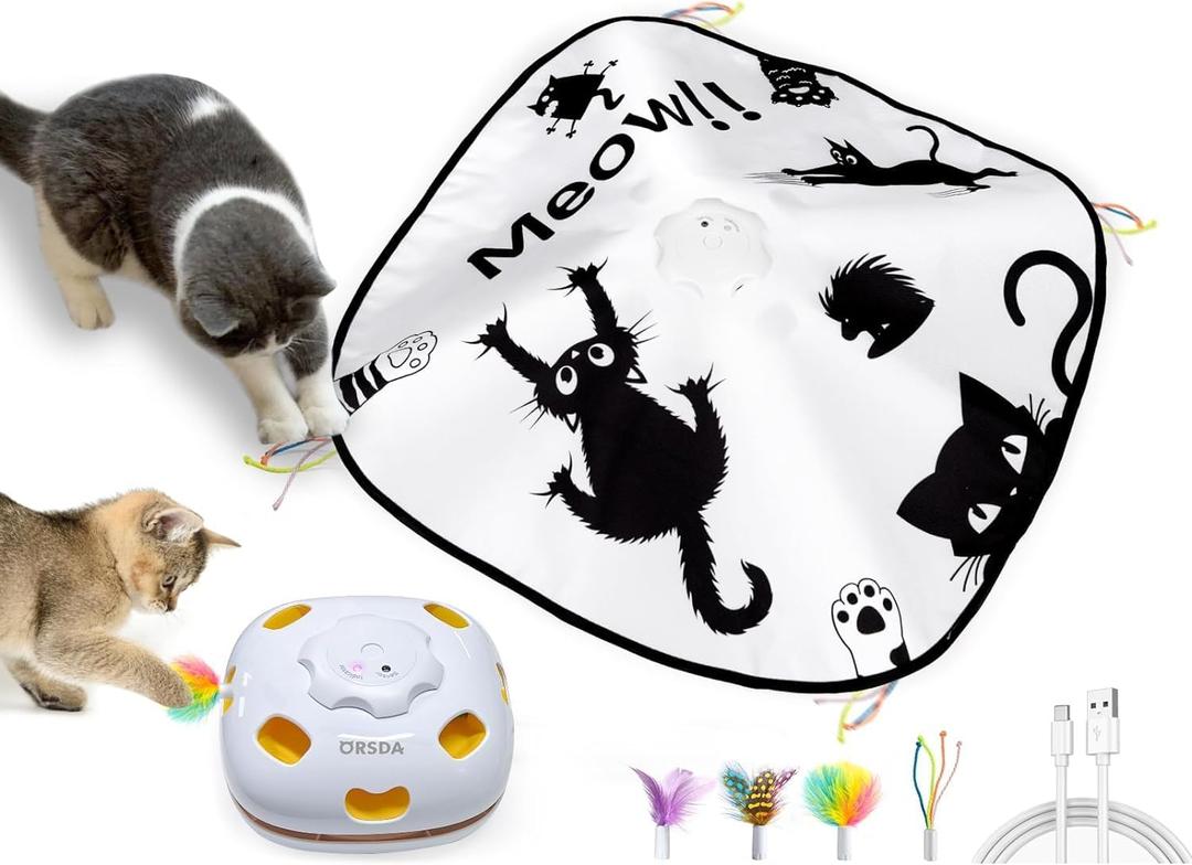 ORSDA Interactive Cat Toys for Indoor Cats, 4 in 1 Automatic Kitten Toys, Rechargeable Electric Moving Ambush Feather, Hide and Seek, Chase Feather for Kitty with 5PCS DIY Replacement (Black Meow)