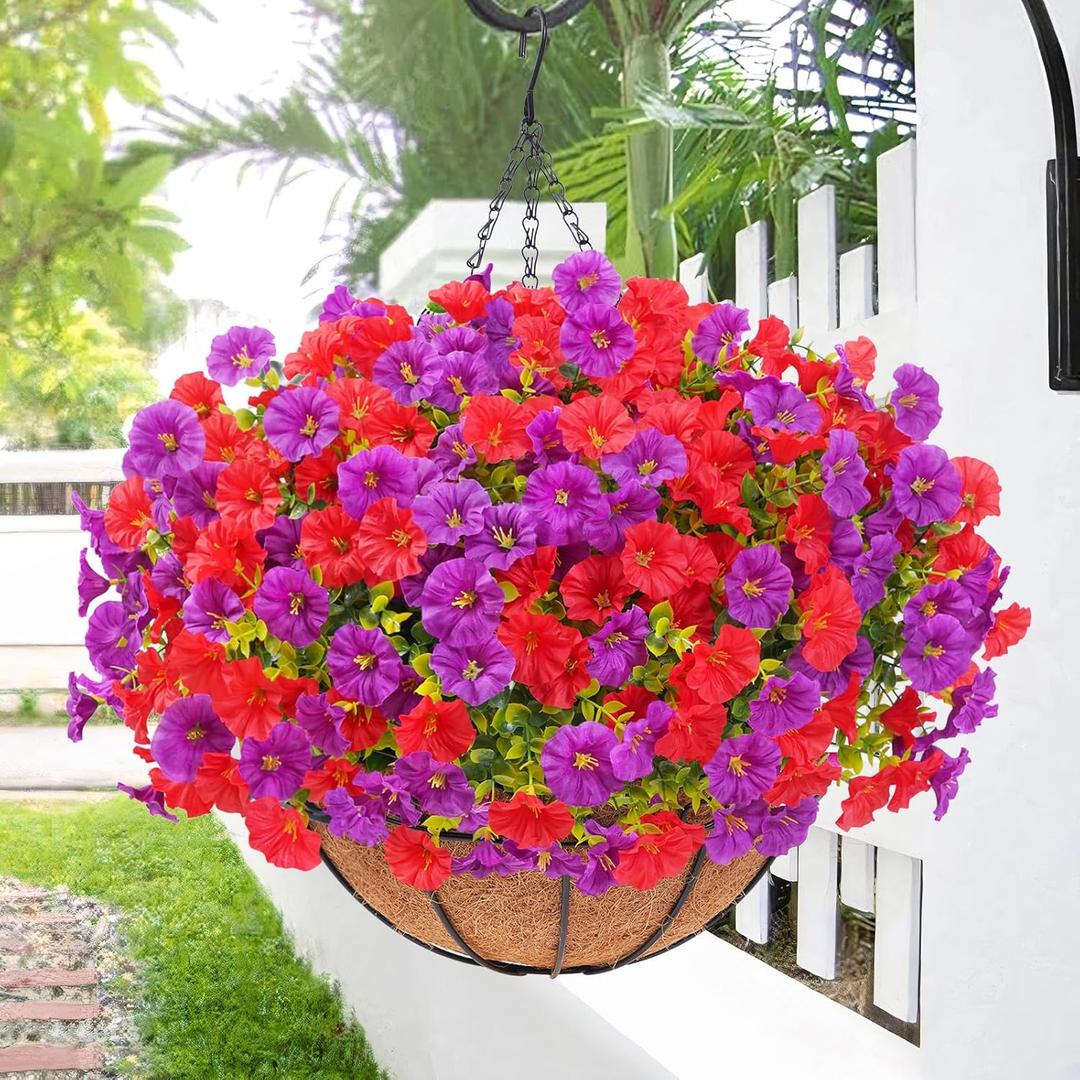 Elyum Artificial Hanging Flowers for Outdoors, Fake Flowers Artificial Petunias Hanging Baskets for Outdoors, UV Resistant Fake Hanging Plants Flowers for Outside Garden Patio Porch Decor