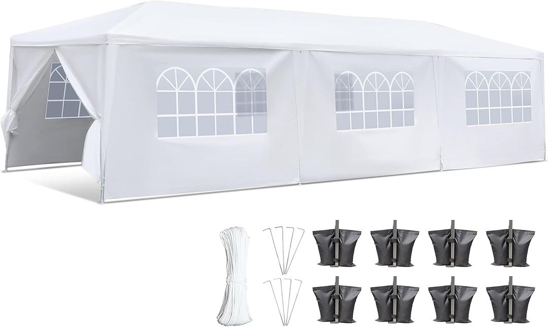 SereneLife Pop Up Canopy Tent 10x30 - Portable Commercial Instant Shelter Foldable/Collapsible Sun Shade Canopy Pop Up Tent w/ 4 Walls, Waterproof Tent Top - 8 Sand Bag & 8 Stake & Ropes SLTET30, White