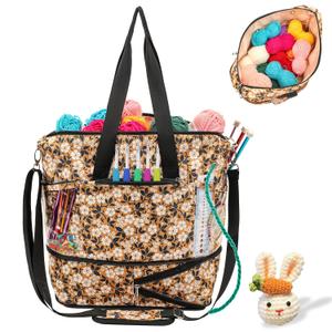 AEROBIX Yellow Expandable Crochet Bag Organizer, Large Capacity Yarn Storage Bag, Multi-Pockets Knitting Bags, Totes for Crochet Project and Accessories, Gifts for Crocheters (No Accessories)