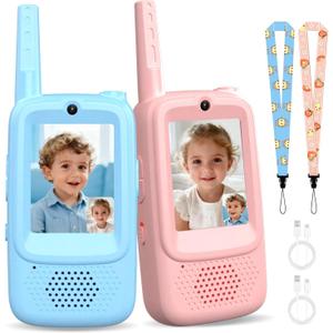 Video Walkie Talkies for Kids, Handheld 2 Pack Rechargeable Kids Walkies Talkies, Indoor Outdoor Toys for Camping, Travel, Hiking, Christmas Birthday Gifts for Boys Girls Ages 3-12 (Blue/Pink)