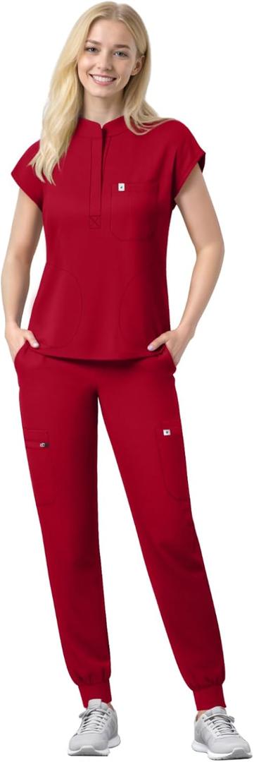 Scrubs Set for Women Medical Uniform Nurse Suit, Anti-Wrinkle Scrub Top Jogger Pant&11 Pockets,4 Way Stretch Workwear, Size: X-Large