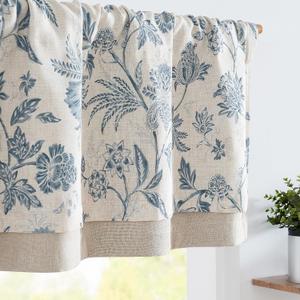 jinchan Floral Valance Curtain Linen Kitchen Valance for Windows 16 Inch Farmhouse Light Filtering Floral Short Window Treatment for Living Room 1 Panel Rod Pocket Double Layer Blue on Beige