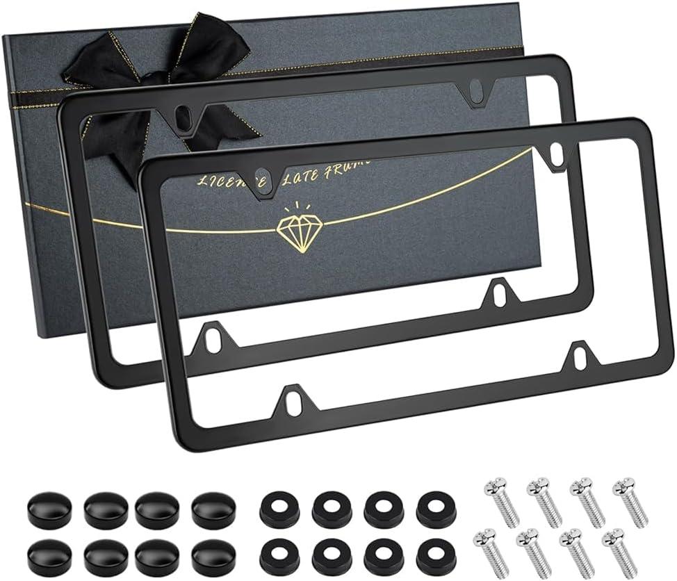 Black Matte License Plate Frames 2 Pack, Stainless Steel License Plate Cover, License Plate Holder with 4 Holes, Universal Tag Frames with Screws for car Front and Rear