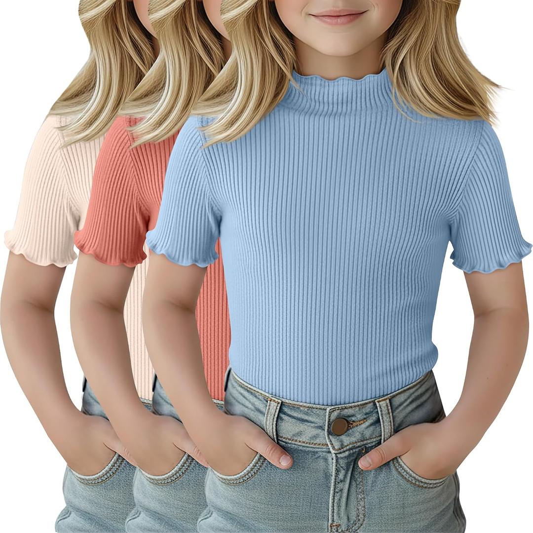 2 x 3 Pack Girls Shirts Short Sleeve Mock Turtleneck Cotton Cute Lettuce Trim Summer Tops 7-8Y Kids Clothes, (Mix Colors)