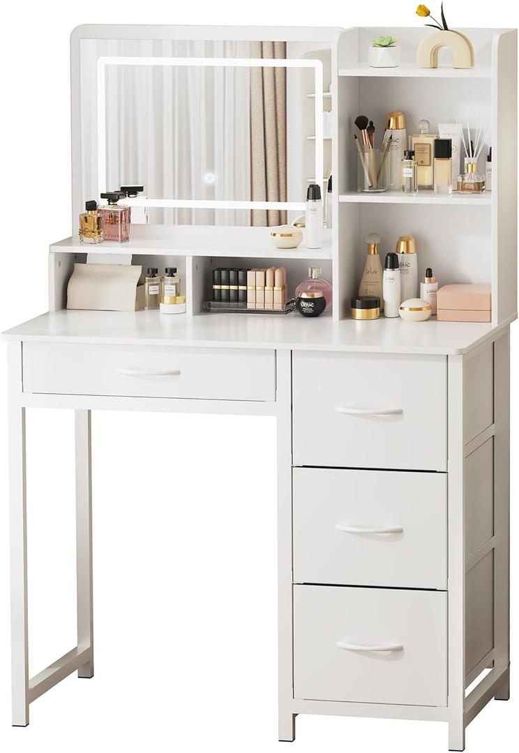 Kitsure Vanity Desk with Mirror & Lights  White Makeup Vanity Table with Large Storage, 4 Fabric Drawers & 3 Lighting Modes, Sturdy Metal Frame Vanity Set for Bedroom, 35.1" x 17.2" x 52.1"