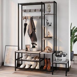 Espelism Hall Tree with Shoe Storage Bench Coat Rack with 7 Hooks Interchangeable 4 Tier Side Storage Shelves Small Cute Side Bench Industrial 5-in-1 Entryway Coat Rack for Hallway Mudroom Bedroom, Large