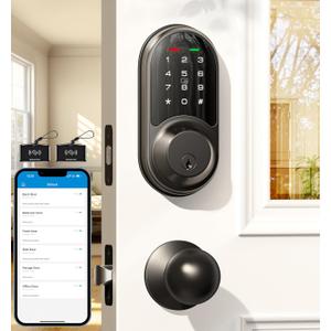 Veise RZ06C Smart Locks for Front Door, 2 Knob Handle Set, Keyless Entry Deadbolt, App Control, Electronic Touchscreen Digital Keypad, Auto Lock, Easy Installation, IP54 Waterproof, Matte Black