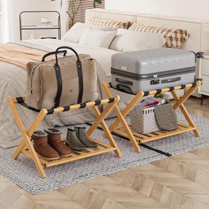 Fully Assembled Luggage Racks Pack of 2, Folding Suitcase Stand with Storage Shelf, Bamboo Luggage Stand with 5 Nylon Straps for Guest Room, Bedroom, Heavy Duty, Natural