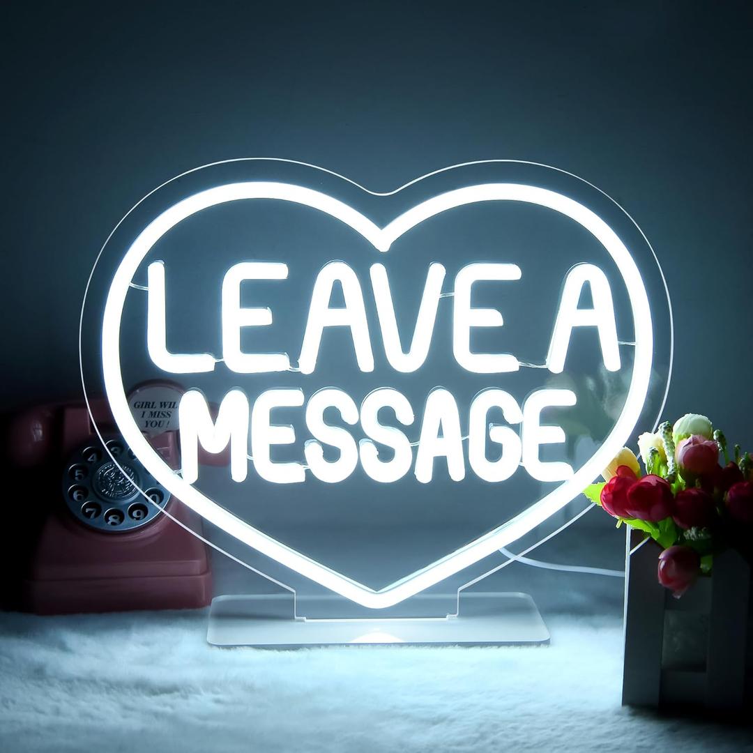 Leave a Message Neon Sign for Wall Decor Audio Guestbook LED Neon Light Sign for Wedding Shop Party Reception Welcome Signs Heart Signs Decor White Wedding Backdrop Table Decor Size 12.2*9.7in (XD321)