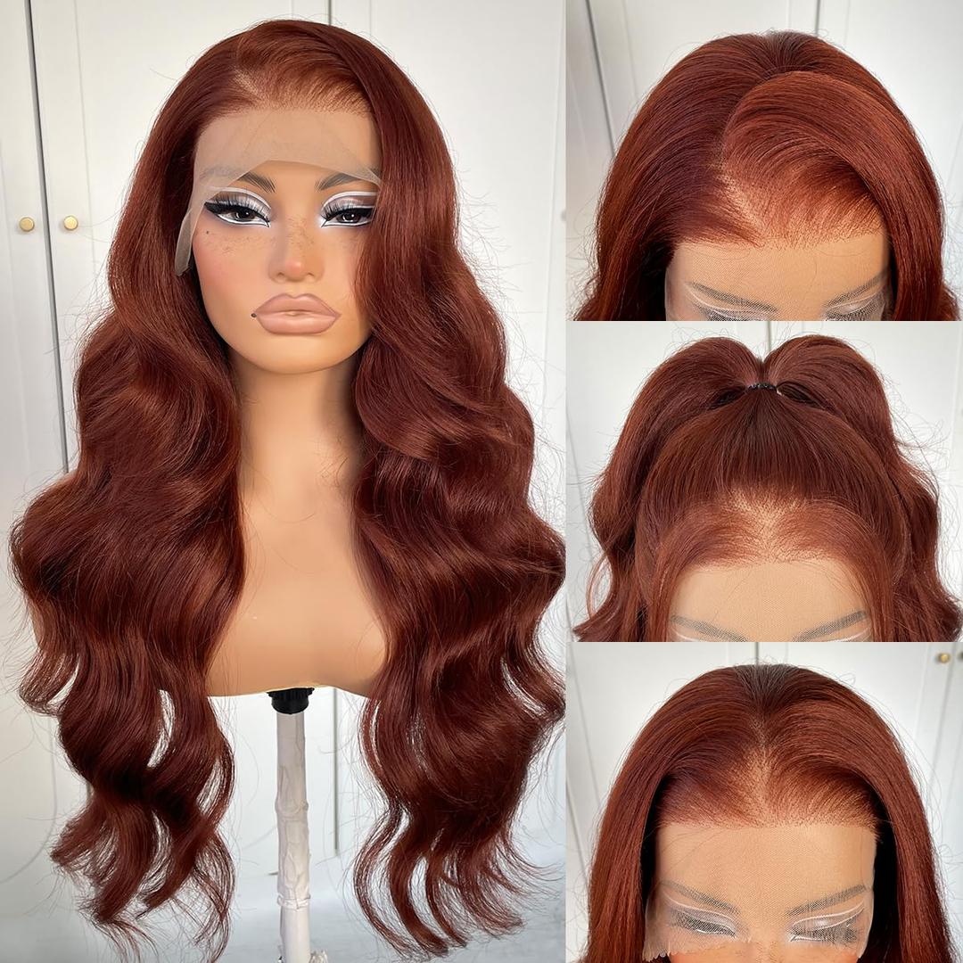 13x6 Reddish Brown Lace Front Wigs Pre-Plucked Glueless Red Brown Body Wave HD Lace Front Wig Synthetic Wear And Go Glueless Wig
