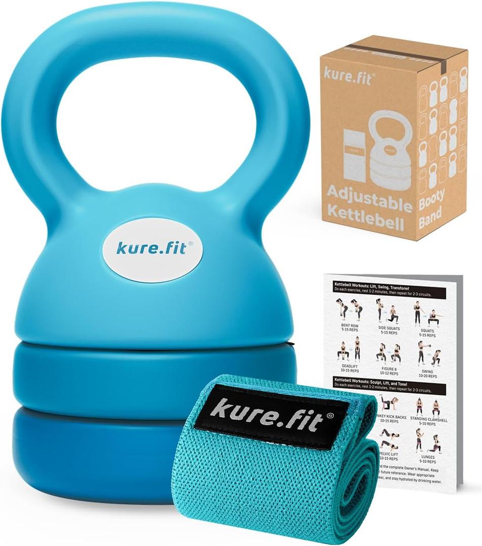 Adjustable Kettlebell | 5 lb - 12 lb | Kettlebell Weights Set for Home Gym | Full-Body Workouts, Strength Training, Weight Loss | Fabric Booty Band | Beginners & Women (Teal)