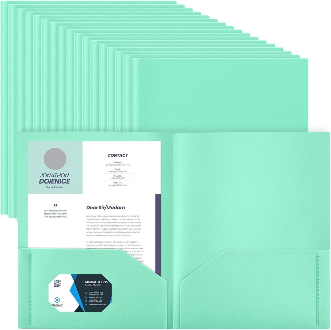 Gueevin 100 Pack Plastic Folder with Pockets, 2 Pocket Folders, Plastic Glossy Folders Fit Letter Size Paper, Heavy Duty Durable File Folder with Business Card for Home Office School (Light Green)