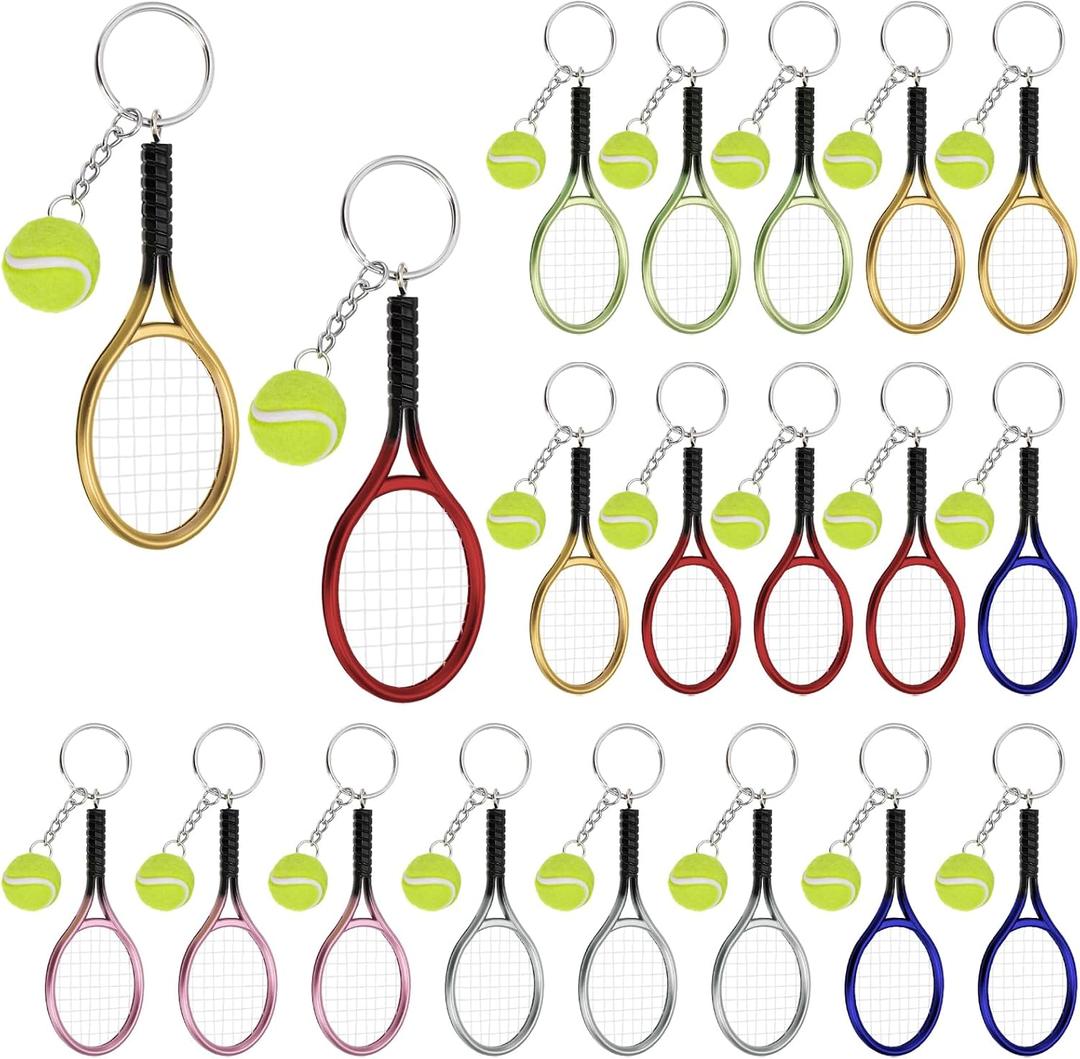18 Pack Tennis Keychain, Mini Tennis Ball Racket Key Chain with Alloy Split Ring, Cute Metal Keychains Ornament Sports Gift Backpack Accessories for Sport Lovers Team, 6 Colors