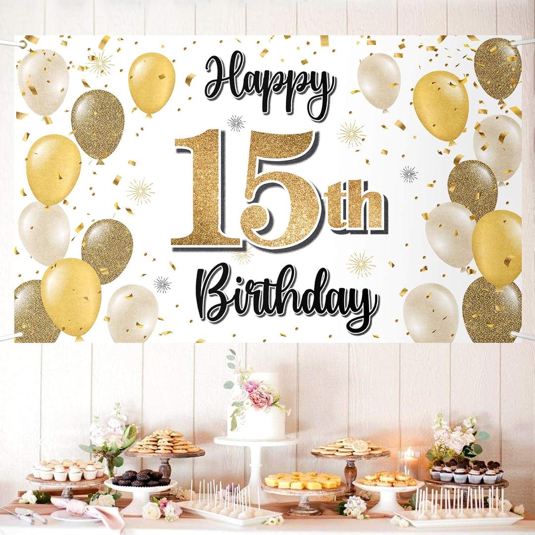 Happy 15th Birthday Decorations,15th Gold Balloon Large Birthday Banner Backdrop Sign,Cheers to Fifteen Years Old Bday Party Supplies