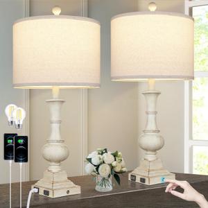 26" Farmhouse Table Lamps Set of 2, Rustic Touch Control Bedside Lamps with 2 USB Ports & AC Outlet, Vintage White Resin 3-Way Dimmable Nightstand Lamp Linen Fabric Shade for Living Room Bedroom Decor