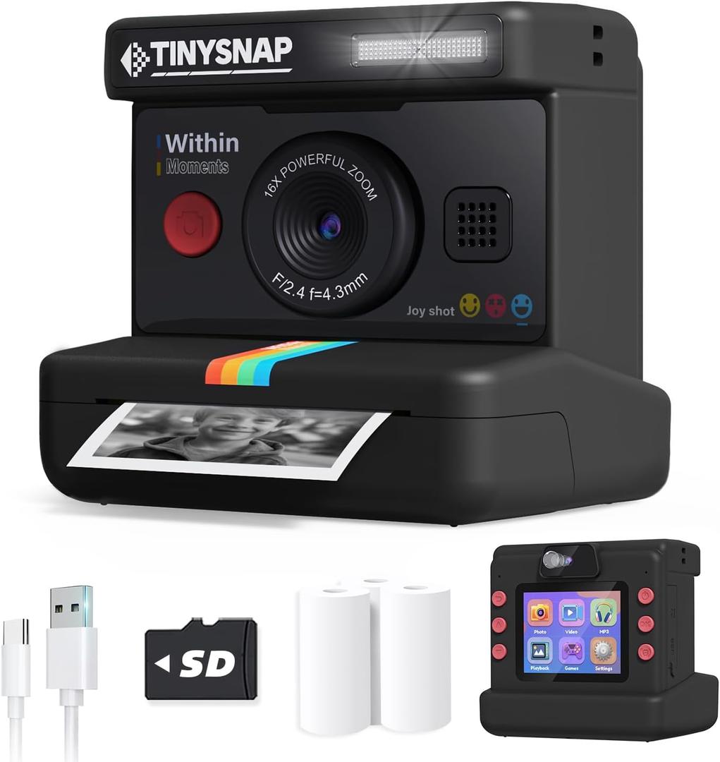 Instant Print Camera for Kids,Dual Len Kids Cameras with 2.4 Inch Screen, Christmas Birthday Gifts for Girls Age 3-12, Portable Toddler Toy for 3 4 5 6 7 8 9 10 Year Old Girls Boys (Black)