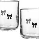 Skylety 2 Pack Bow Icon Juice Glass Coquette Bow Aesthetic Cup 14 ounce Double Old Fashioned Icon Handblown Cocktail glasses for Women Friend Party(Black)