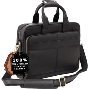 Luxorro Full-Grain Leather Briefcase for Men - Laptop Bag with Leather Computer Compartment (17-inch, Black)