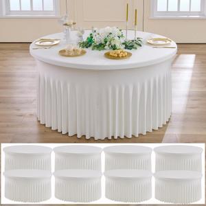 NSSONBEN 8 pk Ivory Round Spandex Tablecloths 60 inch with Ruffled Skirt,Wrinkle Free High-Stretch 120 inch Fitted 5ft Cream Table Cloth Round Spandex Table Covers for Party Wedding Banquet Dinning, 60inch Round_8 Pack