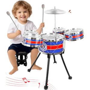 Toy Drum Set for Toddlers Upgrade Drums Kit Kids Jazz Drum Set with Stool, 5 Drums Percussion Musical Instruments Toys for 3 4 5 Year Old Boys Girls Gifts (Blue)