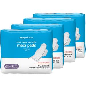 Amazon Basics Thick Maxi Pads with Wings for Periods, Feminine Pads with Leakage Protection, Extra Heavy Overnight Absorbency, Unscented, Size 5, 80 Count (4 Packs of 20) (Previously Solimo)